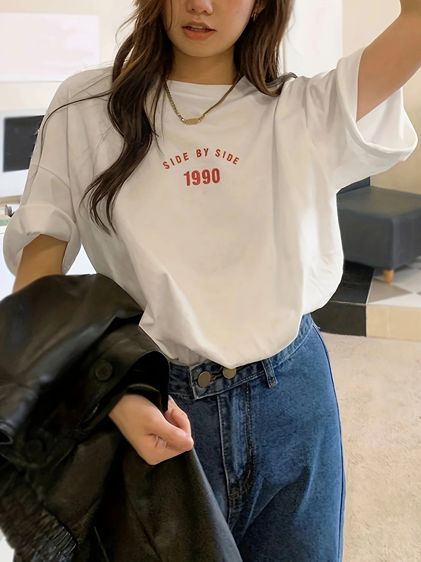 Korean Style 1990 Side By Side Letter Printed Female T-Shirt Summer Casual T Shirt Fashion Loose Streetwear Women Tops