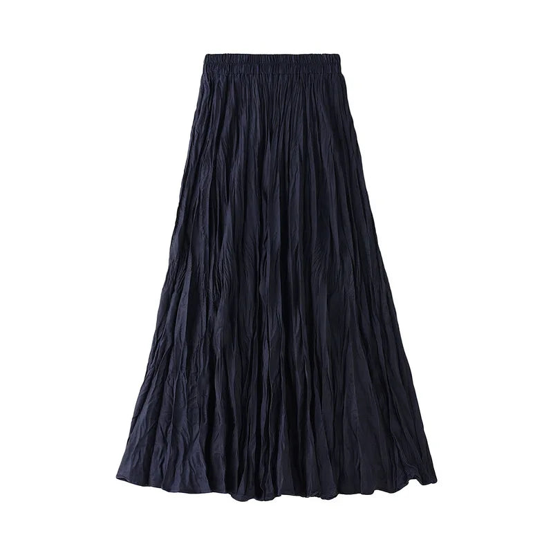 2022 Autumn Winter Wrinkled Black Pleated Skirt Women Korean Style Casual High Waisted A-Line Long Skirts Midi falda plisada