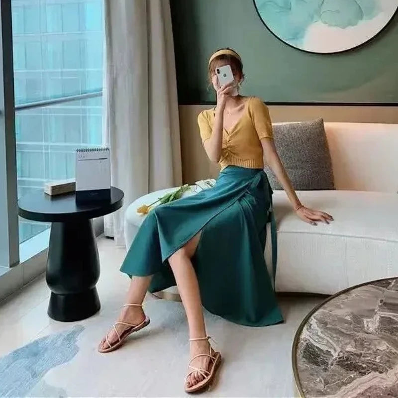 11 Colors Women's Summer High Waisted Lace-Up Sexy Wrap Midi Skirt Korean Trendy Beach Elastic Waist Solid All-Match Skirt