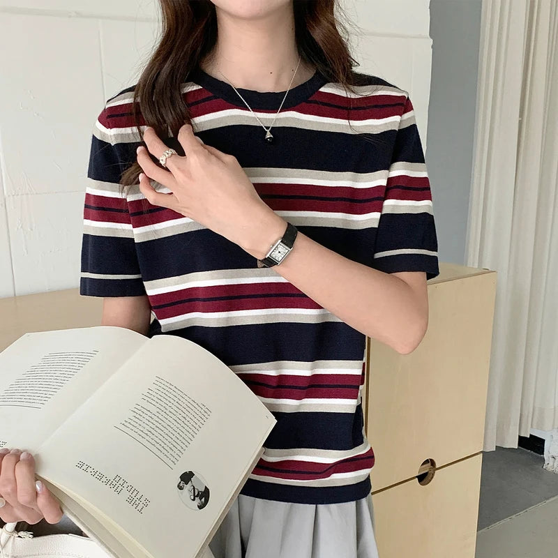 Women's Pure Cotton round Neck T-Shirt Summer Korean Style Loose Large Size Casual Short Sleeve Striped Top Base Blouse