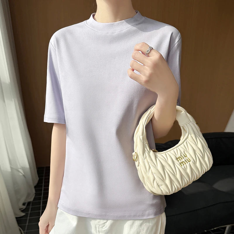 Women's Short Sleeve O-Neck T-Shirt 100% Cotton Knitted Breathable Cool Korean Style Hot Selling Summer Top
