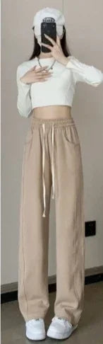 Blue Korean Fresh Drape Effect High Waist Trouser Fashion Female Summer Baggy Wide Leg Pants Street Classic Women Sweatpants Y2k