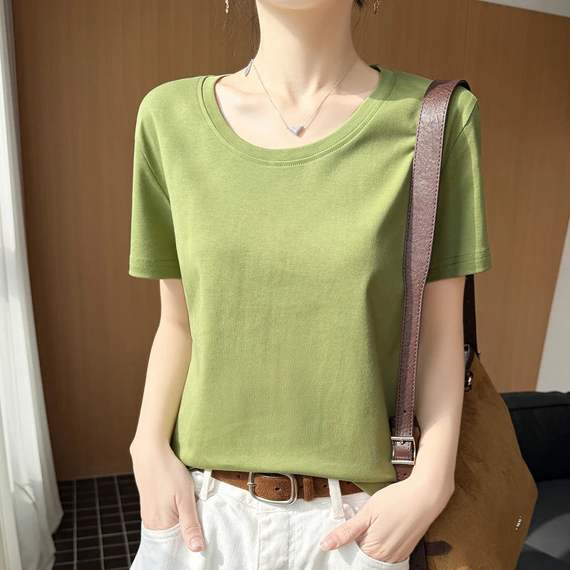 2026 new women's short sleeved O-neck 100% cotton knitted T-shirt breathable and cool Korean version hot selling T-shirt