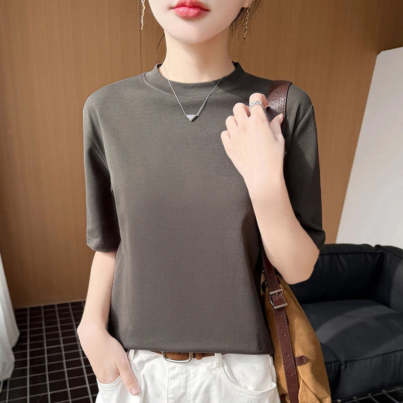 Women's Short Sleeve O-Neck T-Shirt 100% Cotton Knitted Breathable Cool Korean Style Hot Selling Summer Top