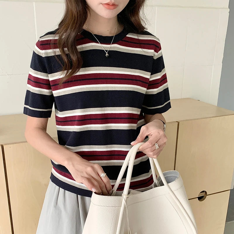 Women's Pure Cotton round Neck T-Shirt Summer Korean Style Loose Large Size Casual Short Sleeve Striped Top Base Blouse