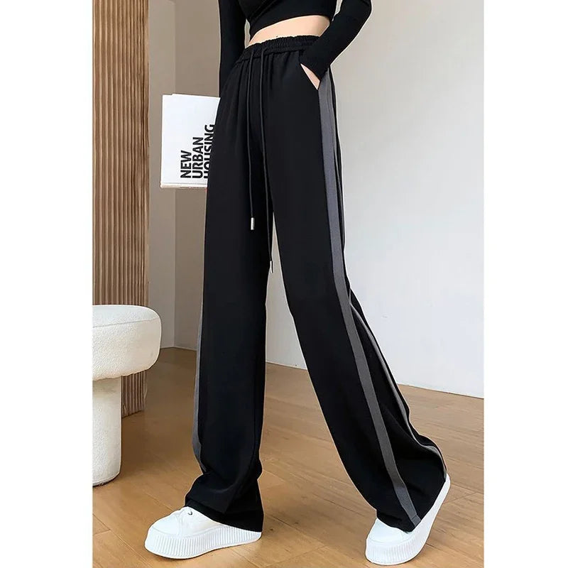 Women Chic Patchwork High Waist Pants Female Korean Drawstring Baggy Wide Leg Trousers Girls Fashion Casual Daily Pants