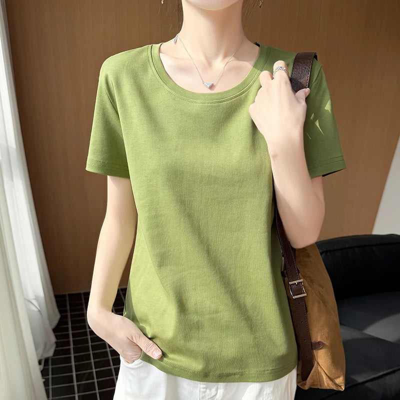 2026 new women's short sleeved O-neck 100% cotton knitted T-shirt breathable and cool Korean version hot selling T-shirt