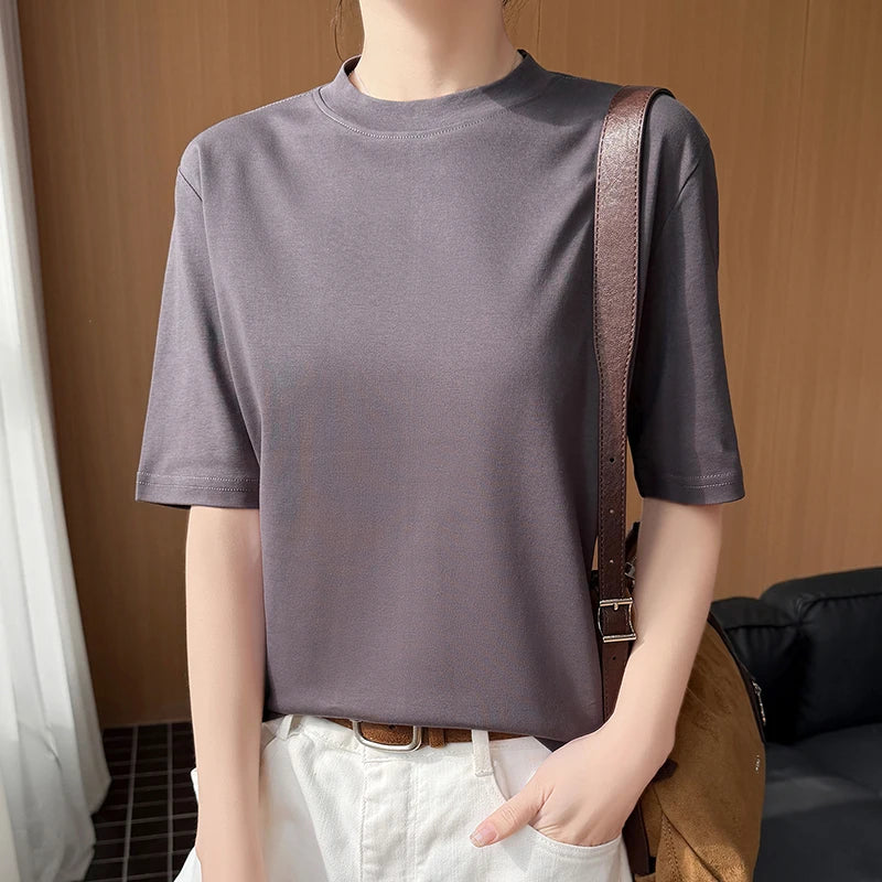 Women's Short Sleeve O-Neck T-Shirt 100% Cotton Knitted Breathable Cool Korean Style Hot Selling Summer Top