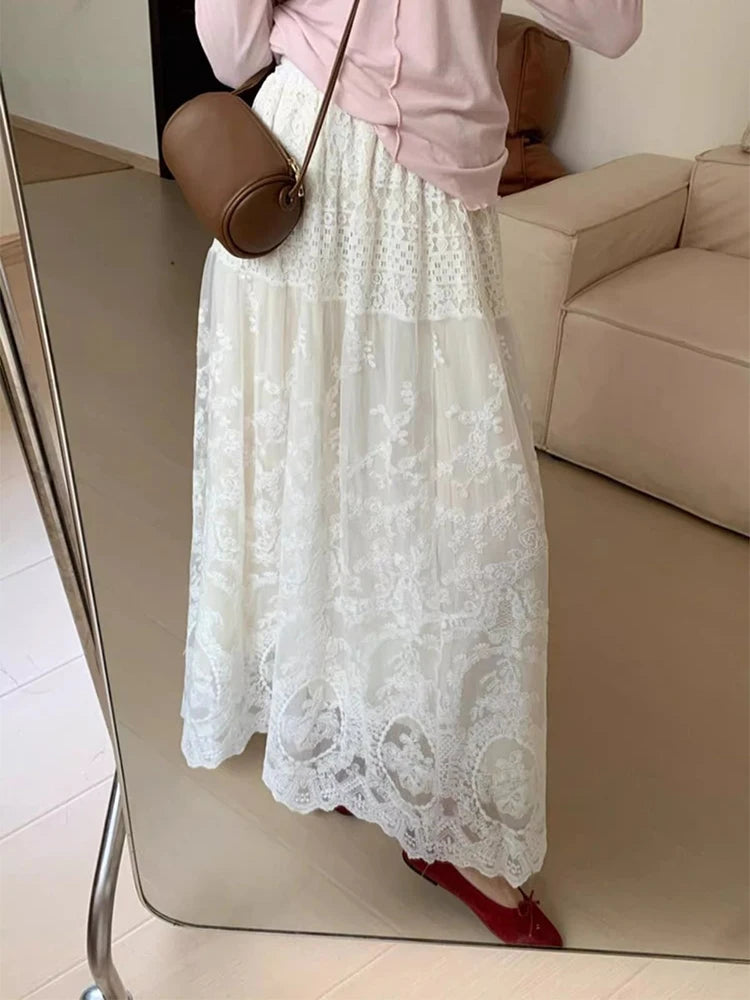 French White Lace Long Skirt Women High Waisted A-line Skirt Bohemia 2025 Spring Summer Clothes