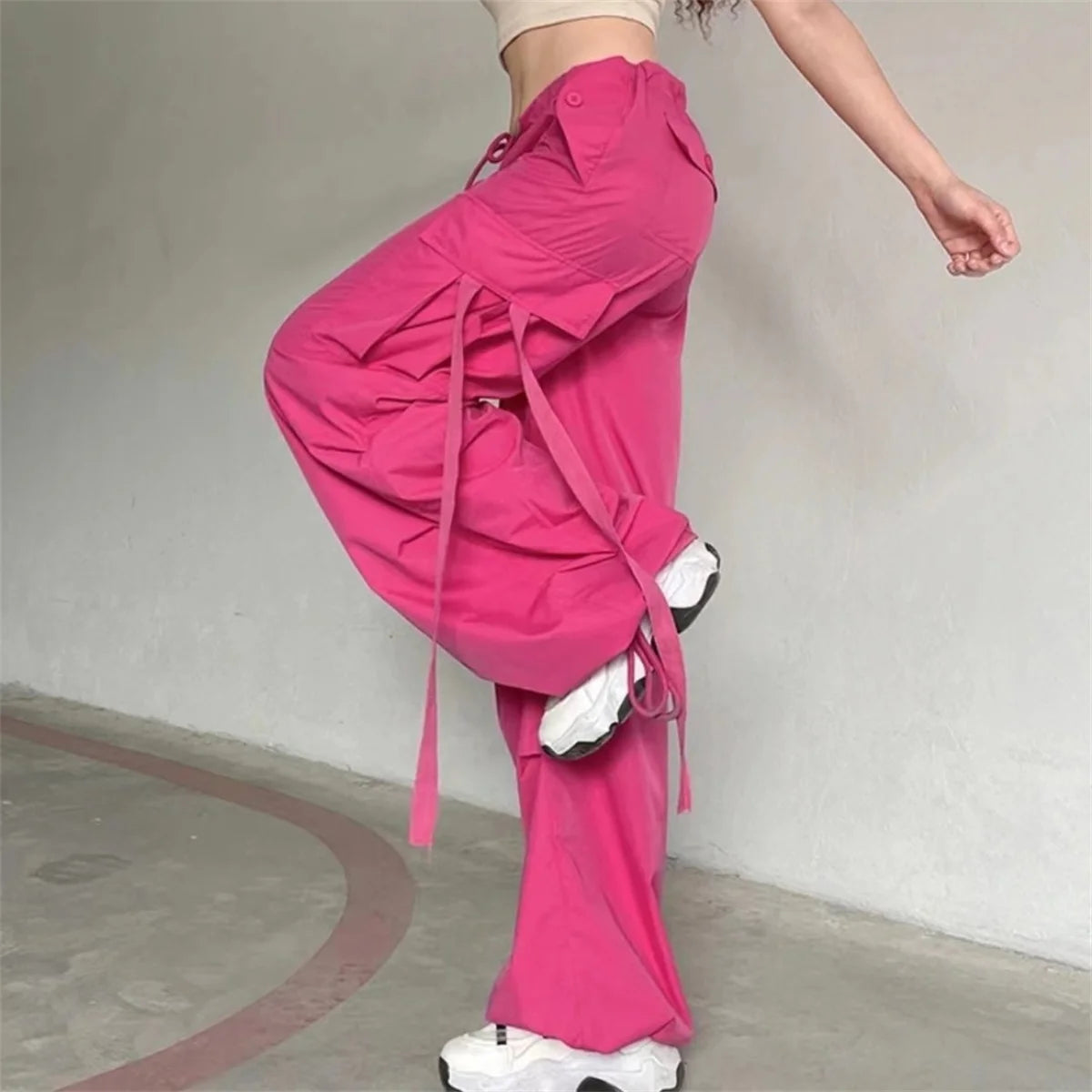 Red Cargo Pants Women Casual Joggers High Waist Loose Female Hip Hop Trousers Korean Punk Pants Funny Capri Pockets Pants Femme