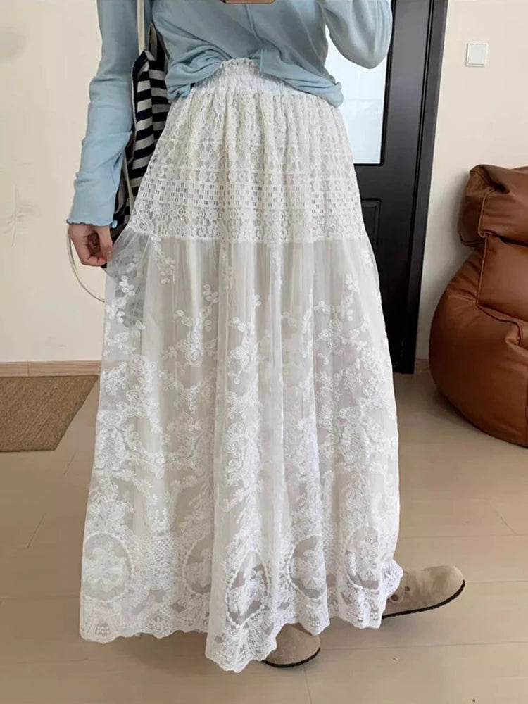 French White Lace Long Skirt Women High Waisted A-line Skirt Bohemia 2025 Spring Summer Clothes