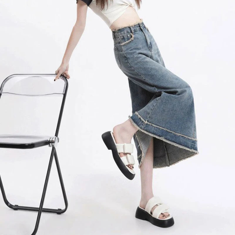 Summer Trendy Female Raw Edge Jeans Skirt Lady Korean Slim Fit Mid-Long Dress Women High Waist Solid Thin Denim Skirt