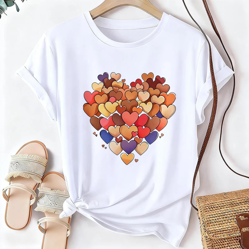 Women's Casual Short Sleeve Round Neck T-Shirt with A Heart Filled Print 90s Korean Style T Shirt Graphic Y2k Tshirt Clothes
