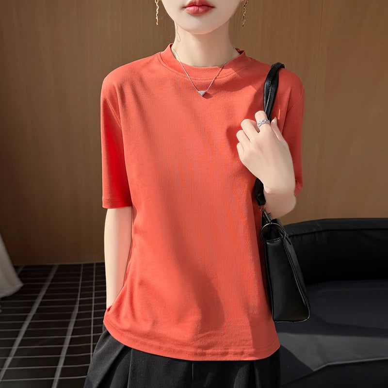 Women's Short Sleeve O-Neck T-Shirt 100% Cotton Knitted Breathable Cool Korean Style Hot Selling Summer Top