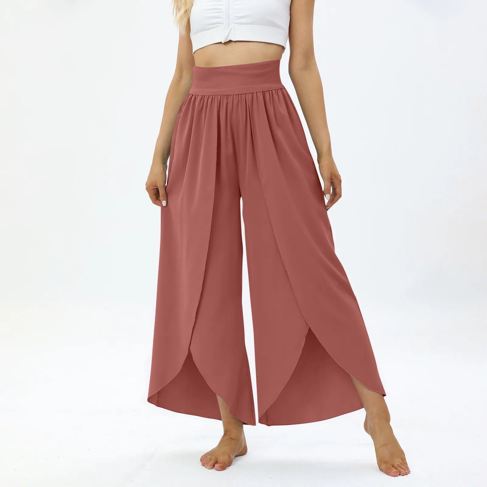 Ladies' Elastic Waist Solid Color Casual Irregular Trousers Fashion Korean Version High Waist Loose Wide Leg Long Pants