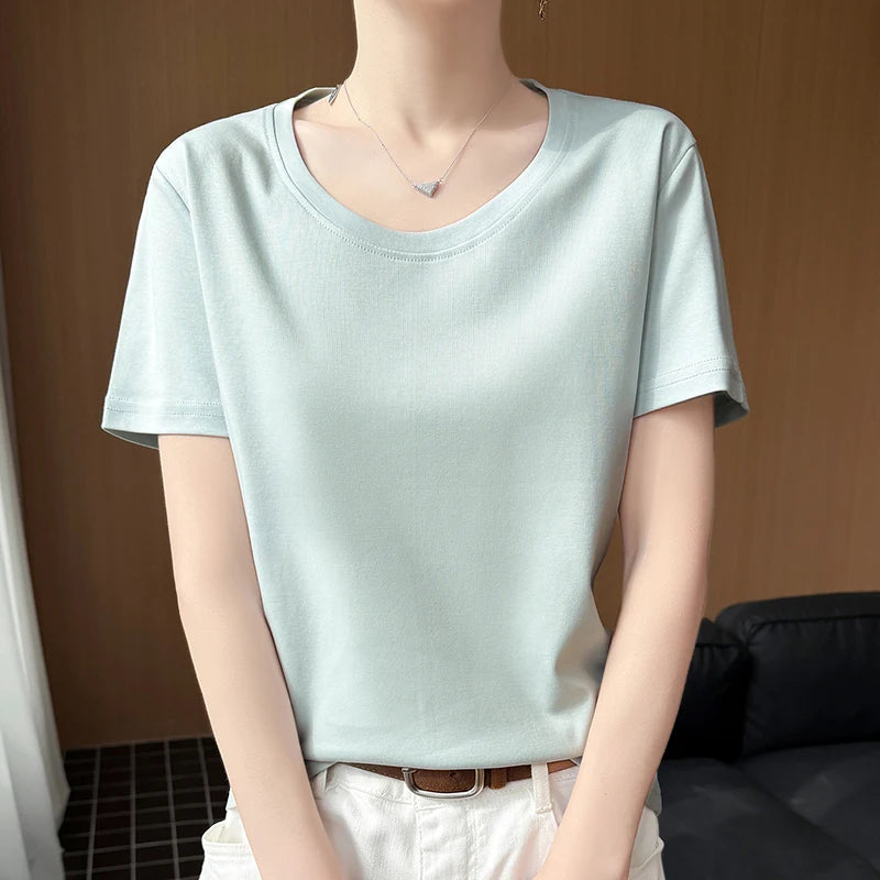 2026 new women's short sleeved O-neck 100% cotton knitted T-shirt breathable and cool Korean version hot selling T-shirt