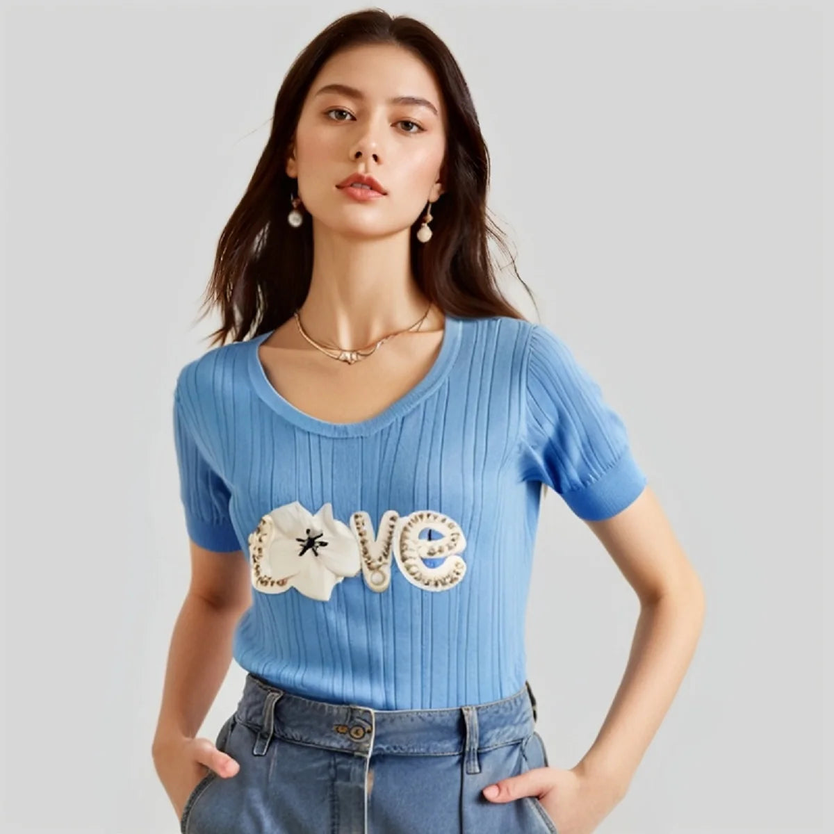 Knitted T-shirt for Women Summer Love Flower Embroidery Luxury Clothes Slim Tops Female Short Sleeve T-shirt Tee