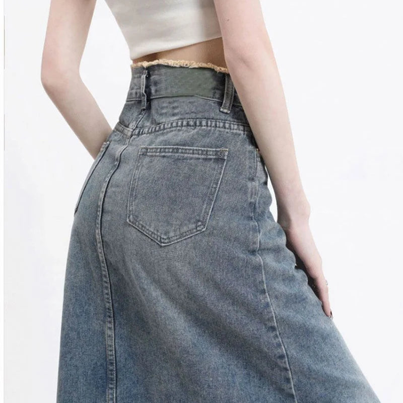 Summer Trendy Female Raw Edge Jeans Skirt Lady Korean Slim Fit Mid-Long Dress Women High Waist Solid Thin Denim Skirt
