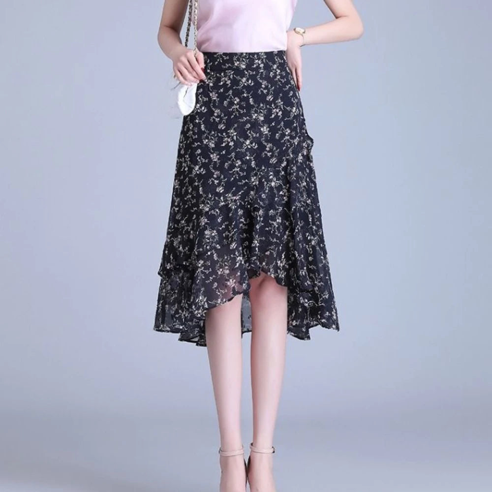 Ruffle Floral Women's Skirt Midi Black Y2k Vintage Female Skirts Korean Style Chic and Elegant Premium Fashion A Line Luxury V
