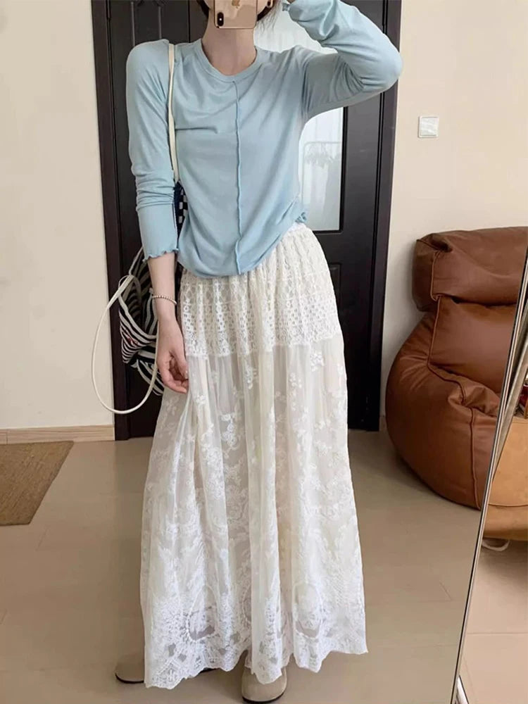 French White Lace Long Skirt Women High Waisted A-line Skirt Bohemia 2025 Spring Summer Clothes