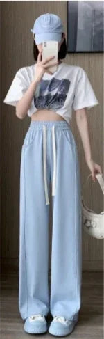Blue Korean Fresh Drape Effect High Waist Trouser Fashion Female Summer Baggy Wide Leg Pants Street Classic Women Sweatpants Y2k