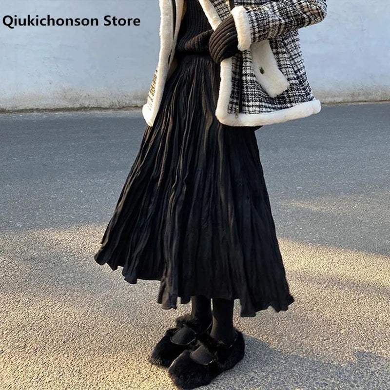 2022 Autumn Winter Wrinkled Black Pleated Skirt Women Korean Style Casual High Waisted A-Line Long Skirts Midi falda plisada