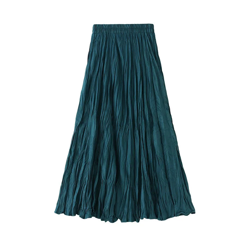 2022 Autumn Winter Wrinkled Black Pleated Skirt Women Korean Style Casual High Waisted A-Line Long Skirts Midi falda plisada