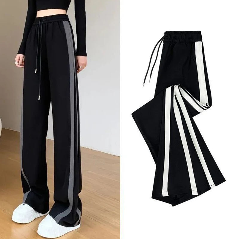 Women Chic Patchwork High Waist Pants Female Korean Drawstring Baggy Wide Leg Trousers Girls Fashion Casual Daily Pants