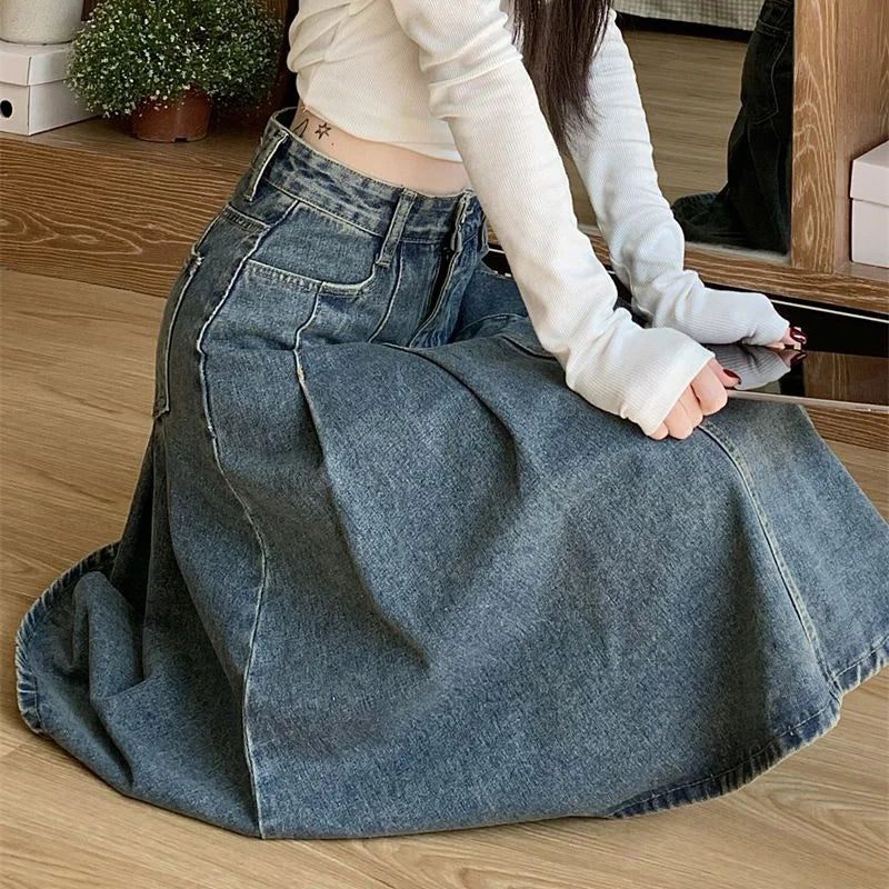 Summer Trendy Designer Lady High Waist Jeans Skirts Women Fashion Vintage Denim Skirts Girls Korean Casual Mid-Long Dress