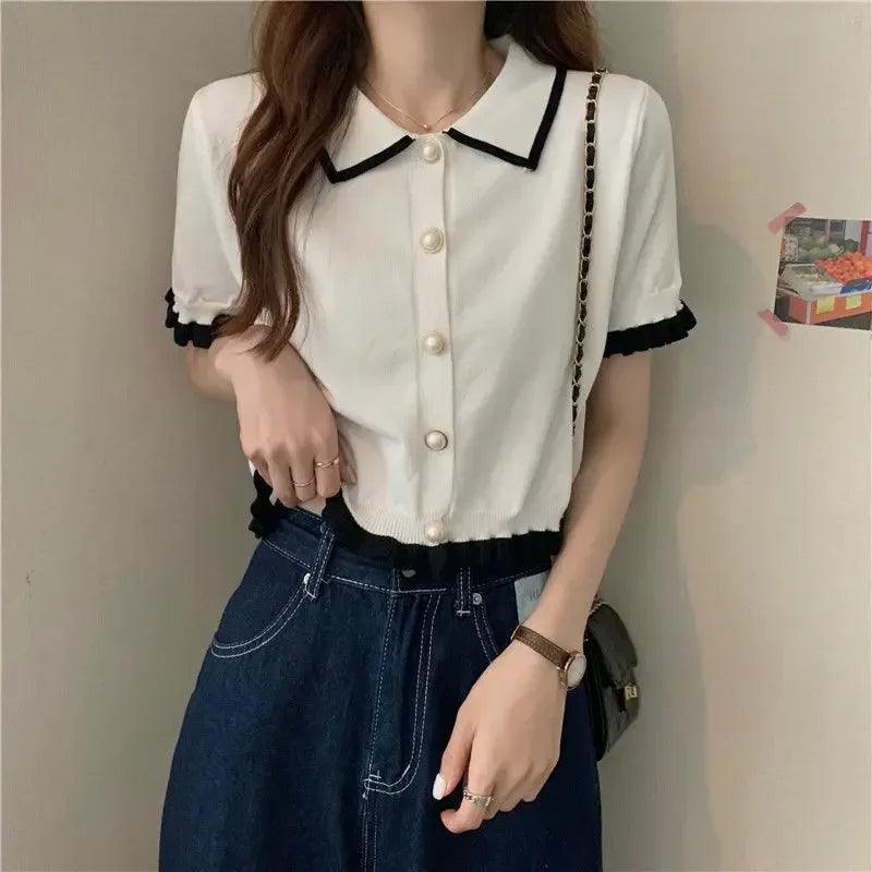 Women's Stylish Clothing Knitting Button Short Tops Tees Patchwork Striped Jacket Girls Y2k Clothing Korean Sweater Short Shirt