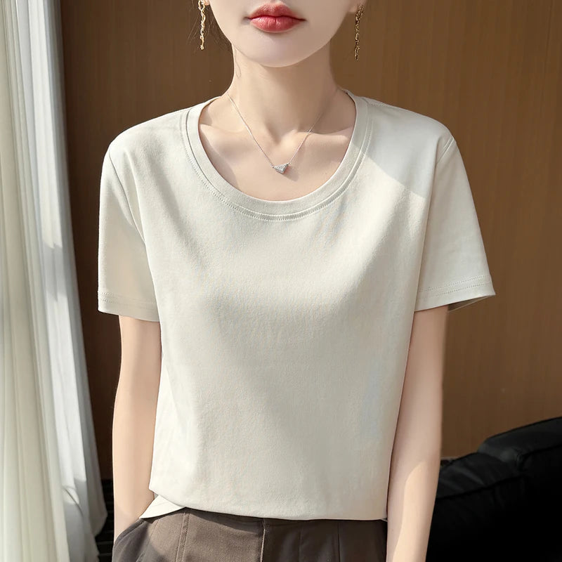 2026 new women's short sleeved O-neck 100% cotton knitted T-shirt breathable and cool Korean version hot selling T-shirt