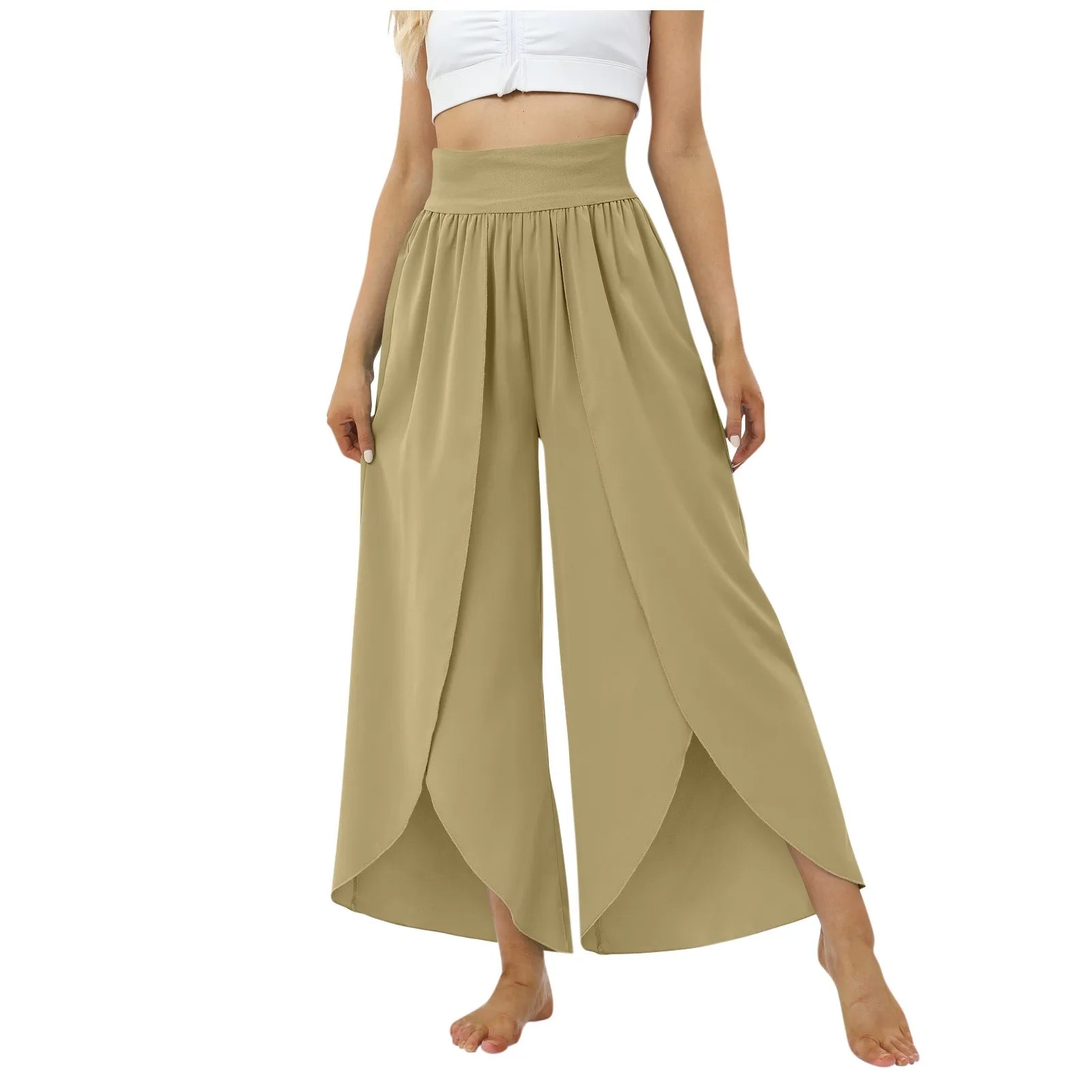 Ladies' Elastic Waist Solid Color Casual Irregular Trousers Fashion Korean Version High Waist Loose Wide Leg Long Pants
