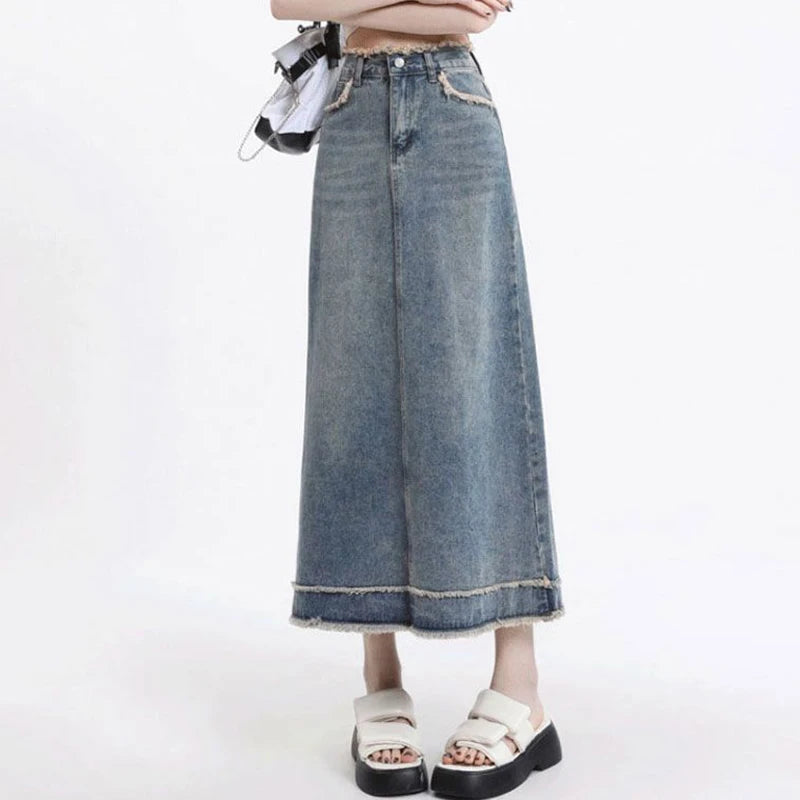 Summer Trendy Female Raw Edge Jeans Skirt Lady Korean Slim Fit Mid-Long Dress Women High Waist Solid Thin Denim Skirt