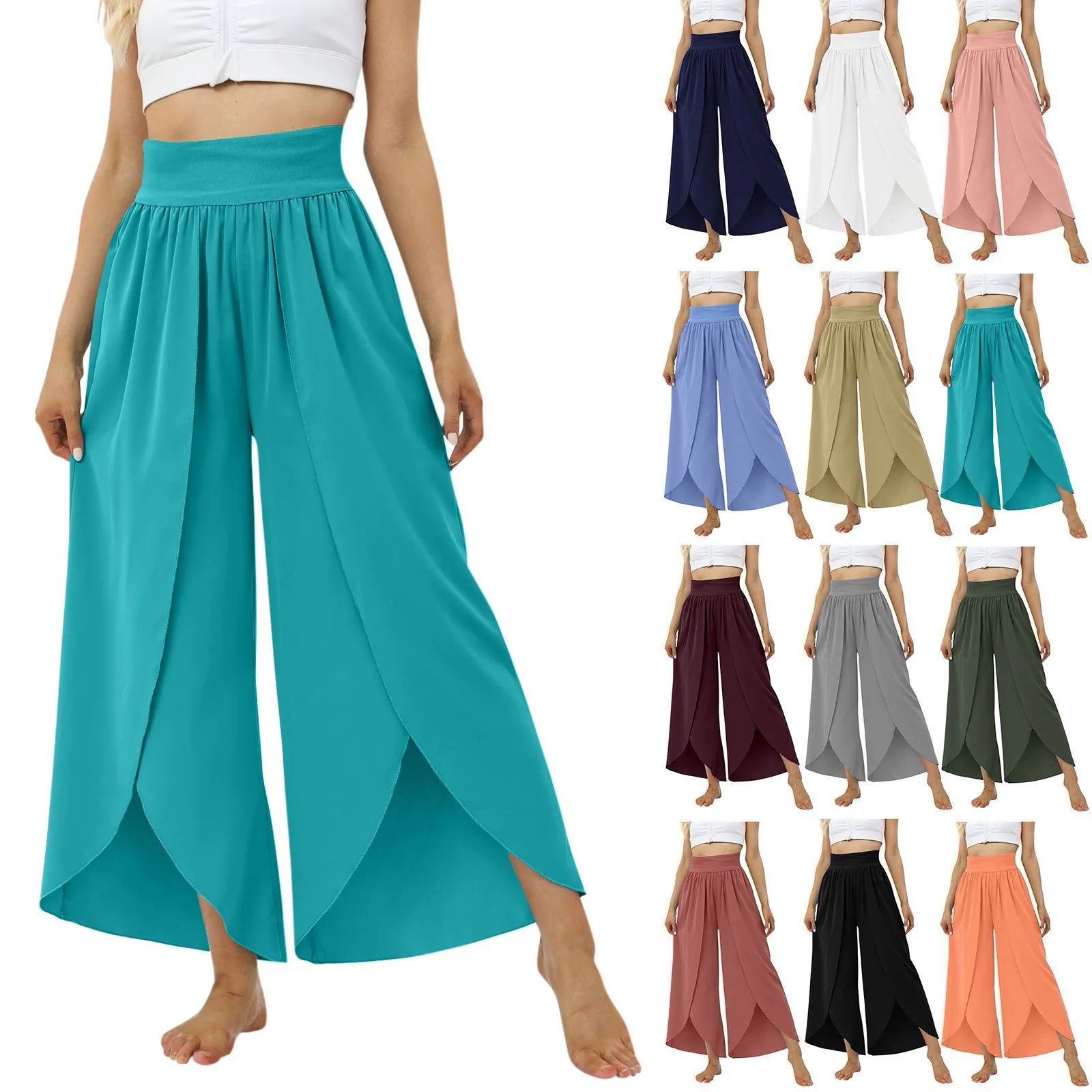 Ladies' Elastic Waist Solid Color Casual Irregular Trousers Fashion Korean Version High Waist Loose Wide Leg Long Pants