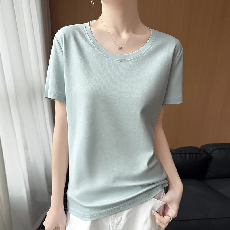 2026 new women's short sleeved O-neck 100% cotton knitted T-shirt breathable and cool Korean version hot selling T-shirt