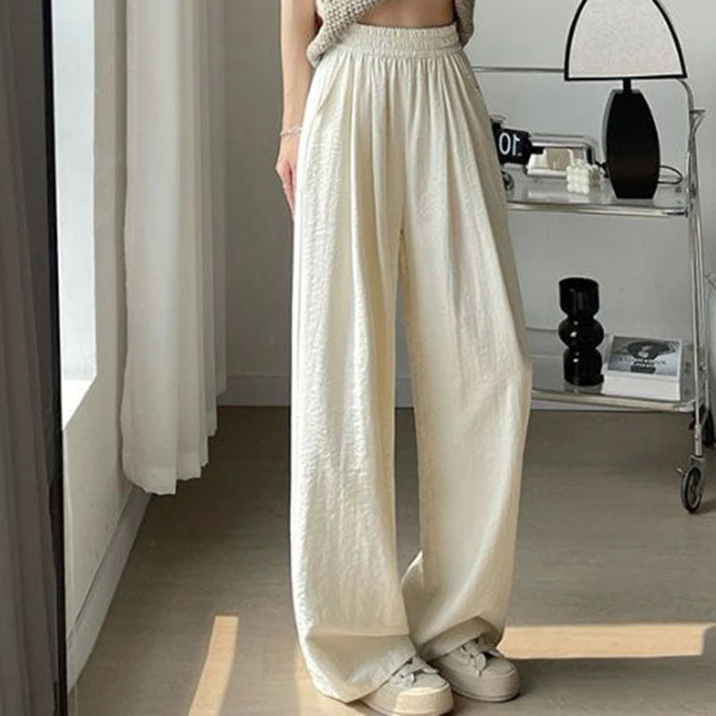 Female New Korean Baggy Wide Leg Pants Girls Solid High Waist Casual Trousers Lady Thin Comfortable Ice Silk Pants