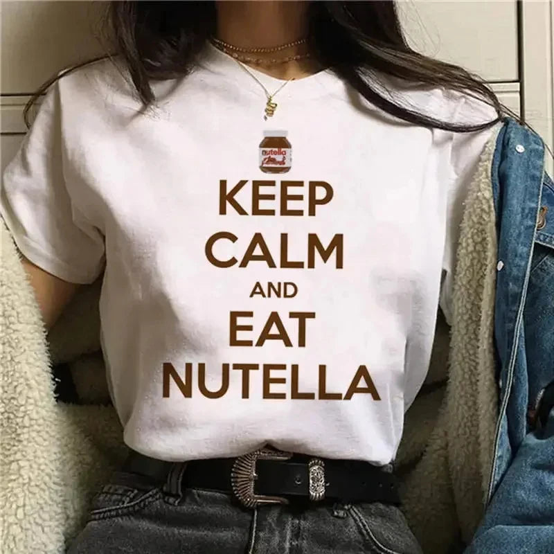 Ladies' New Kawaii Fashion Nutella Fun Printed T-shirt Harajuku Women's Cute Cartoon Korean Top T-shirt Women's Clothing