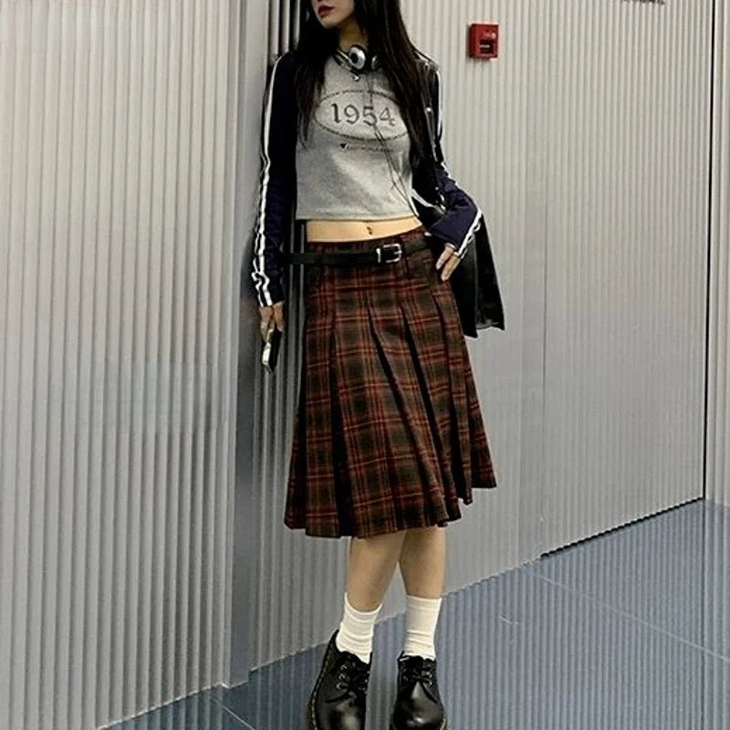 Pleated Skirts Women Plaid Knee-length Autumn Korean Fashion Preppy Style All-match Casual Students Vintage Literary Low Waist
