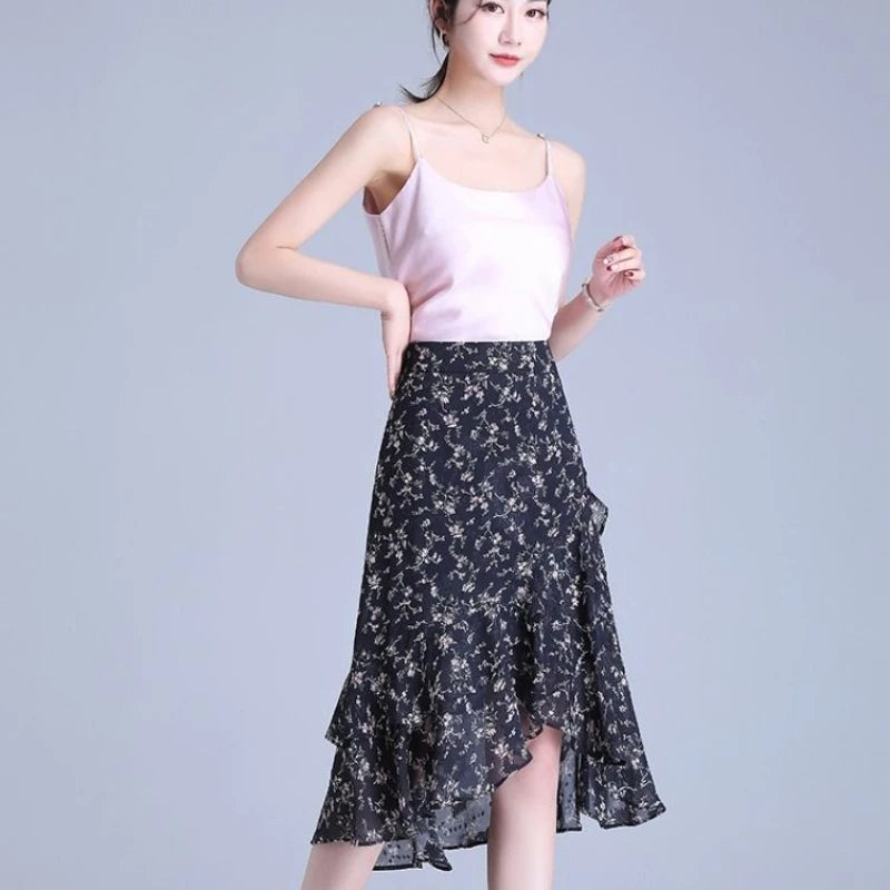 Ruffle Floral Women's Skirt Midi Black Y2k Vintage Female Skirts Korean Style Chic and Elegant Premium Fashion A Line Luxury V
