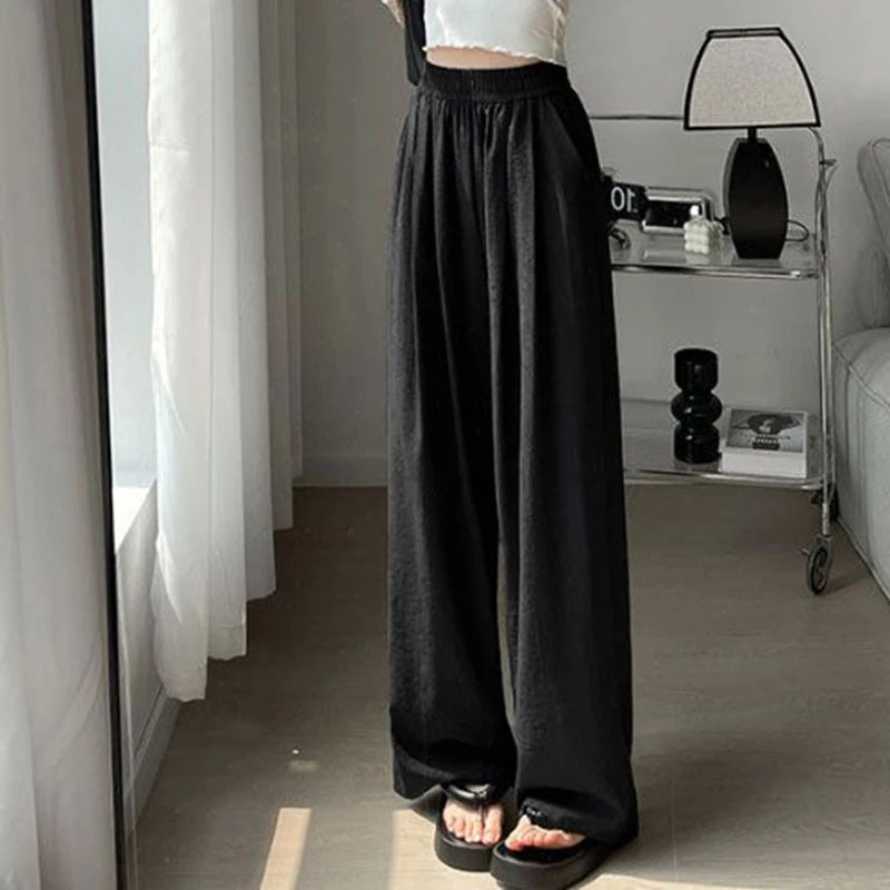 Female New Korean Baggy Wide Leg Pants Girls Solid High Waist Casual Trousers Lady Thin Comfortable Ice Silk Pants