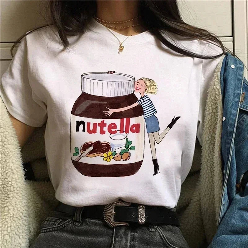 Ladies' New Kawaii Fashion Nutella Fun Printed T-shirt Harajuku Women's Cute Cartoon Korean Top T-shirt Women's Clothing
