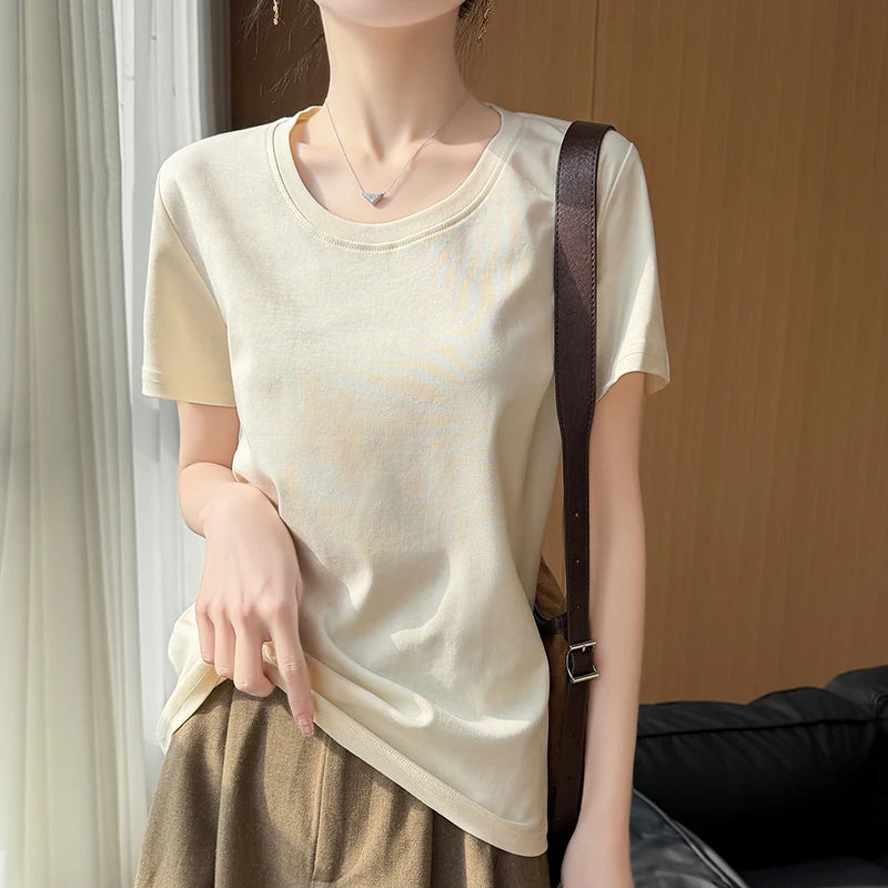 2026 new women's short sleeved O-neck 100% cotton knitted T-shirt breathable and cool Korean version hot selling T-shirt