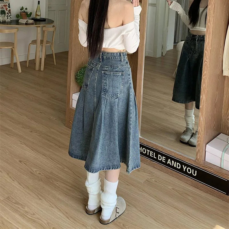 Summer Trendy Designer Lady High Waist Jeans Skirts Women Fashion Vintage Denim Skirts Girls Korean Casual Mid-Long Dress