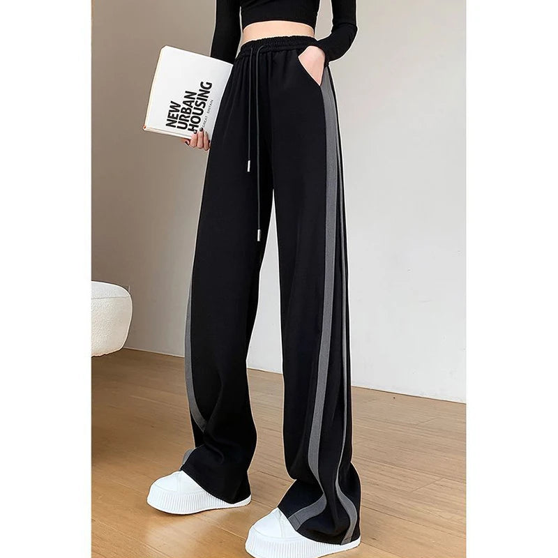 Women Chic Patchwork High Waist Pants Female Korean Drawstring Baggy Wide Leg Trousers Girls Fashion Casual Daily Pants