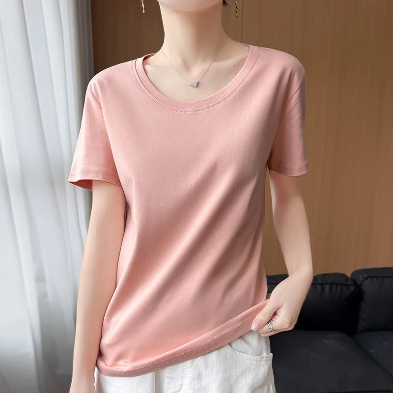 2026 new women's short sleeved O-neck 100% cotton knitted T-shirt breathable and cool Korean version hot selling T-shirt