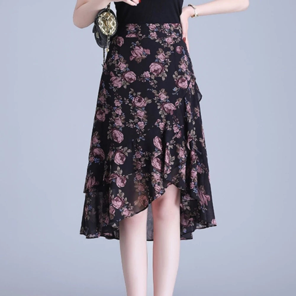 Ruffle Floral Women's Skirt Midi Black Y2k Vintage Female Skirts Korean Style Chic and Elegant Premium Fashion A Line Luxury V
