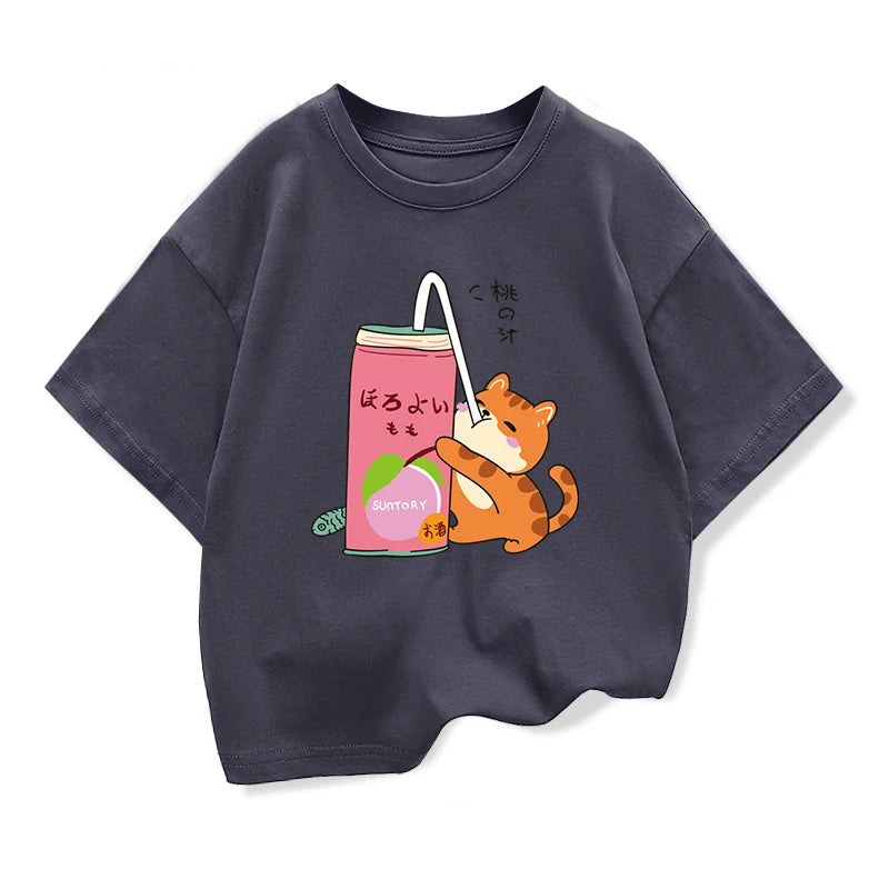 Cute Cat Drinking Milk Tea Casual Clothes Tops Harajuku Funny Cartoon Short Sleeve T-shirt Boys Girls Loose Tee Tops