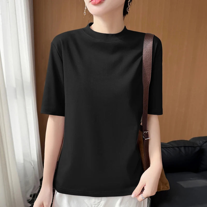 Women's Short Sleeve O-Neck T-Shirt 100% Cotton Knitted Breathable Cool Korean Style Hot Selling Summer Top