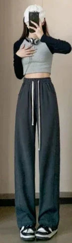 Blue Korean Fresh Drape Effect High Waist Trouser Fashion Female Summer Baggy Wide Leg Pants Street Classic Women Sweatpants Y2k