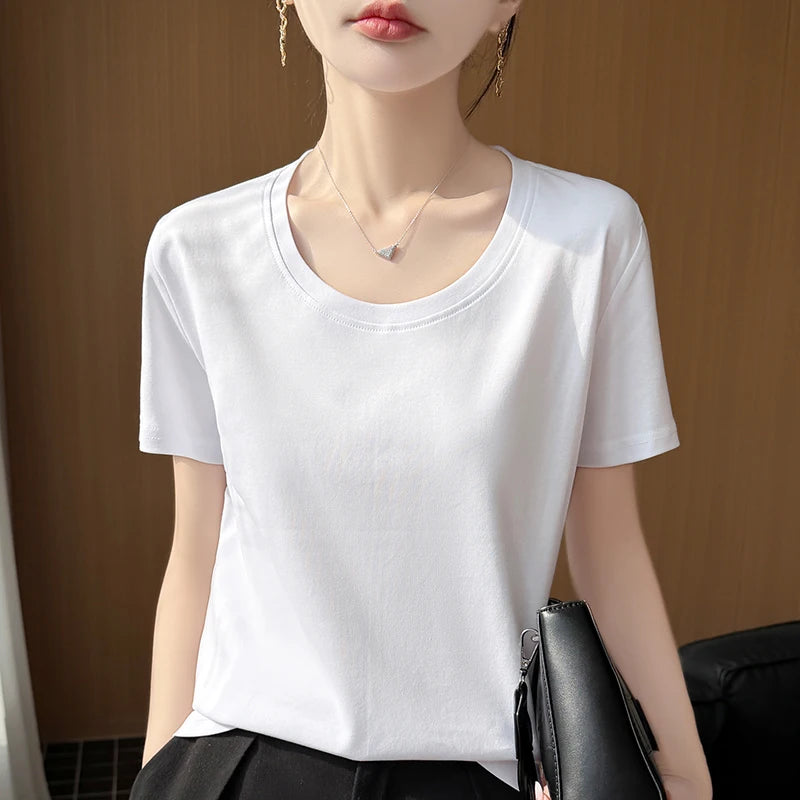 2026 new women's short sleeved O-neck 100% cotton knitted T-shirt breathable and cool Korean version hot selling T-shirt